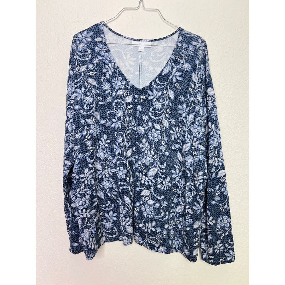 Pure Jill Eco-Terry Soft Top Floral Print Large Lenzing Viscose Blouse V-neck